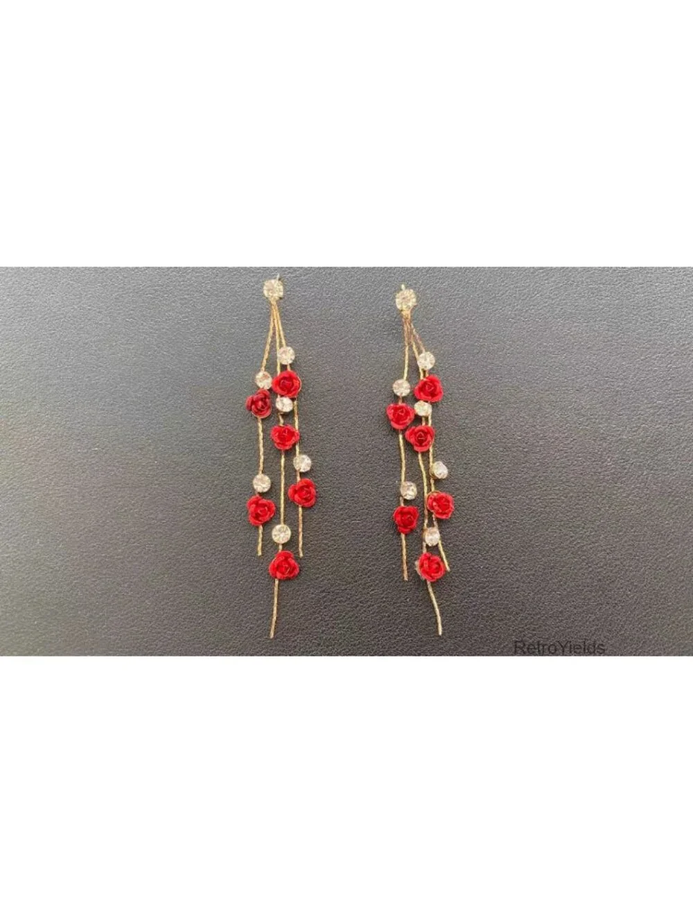 Long Tassel Chain Flower Dangle Drop Stud Earrings with White Crystal for Women